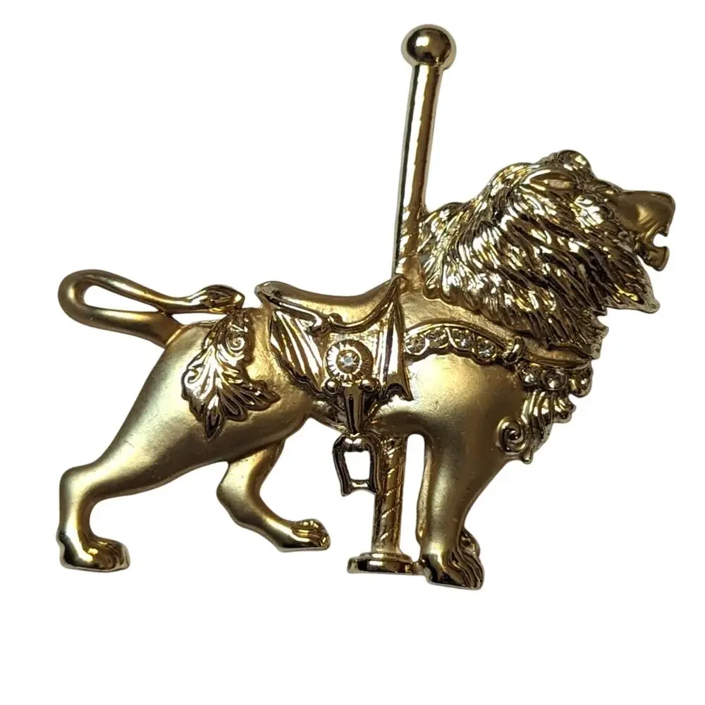 Vintage Gold Tone Lion Carousel Rhinestone Whimsical Collectible Brooch